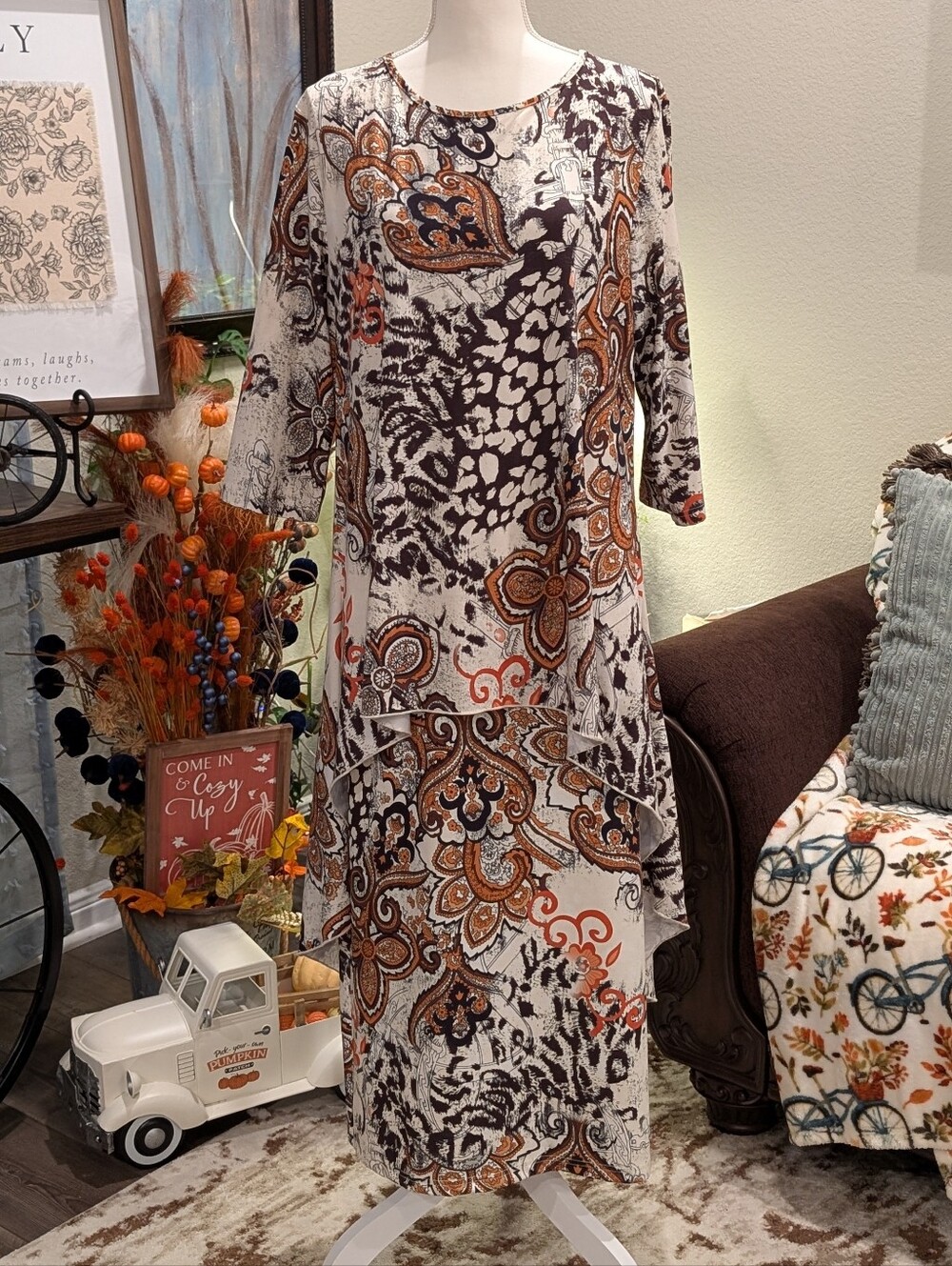 Boho Paisley High-Low Skirt Set in Brown & Cream